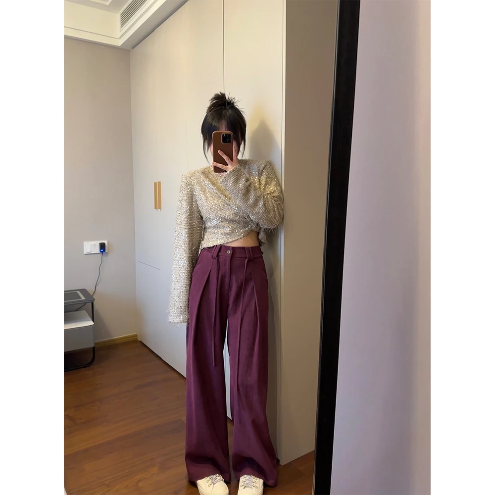 胖梨定制 百搭高腰灯芯绒阔腿裤垂坠复古显瘦时尚宽松裤子女款A4