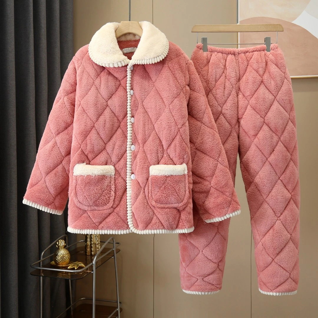 加厚睡衣女冬季三层夹棉法兰绒可外穿时尚甜美风家居服套装加大码