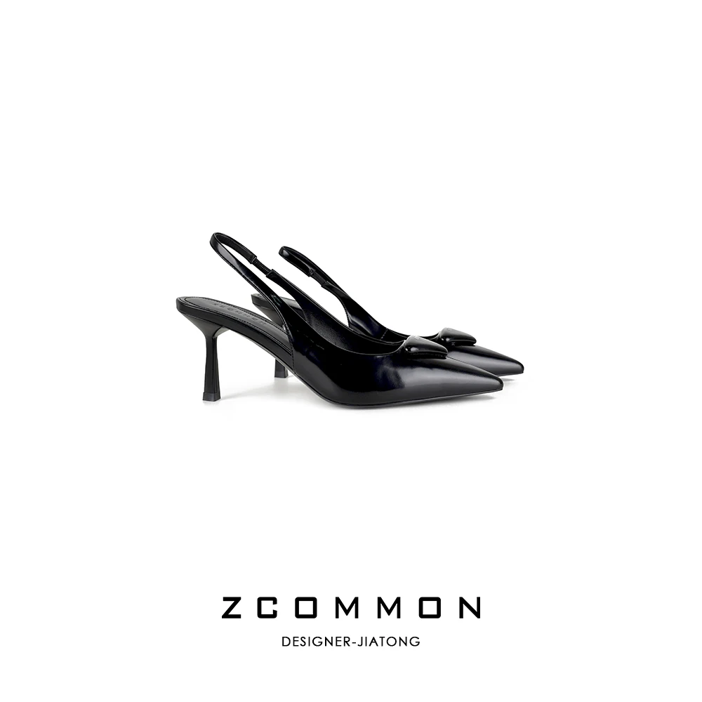 Z common真皮尖头猫跟凉鞋设计感百搭黑色气质细跟高跟鞋 2411011