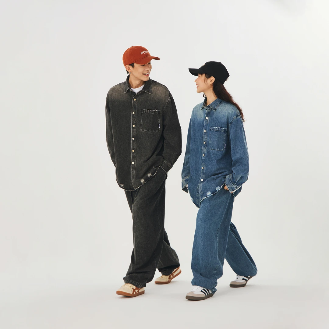 爆款水洗做旧炒盐垂感阔腿牛仔裤宽松复古美式高街设计师款炭灰色