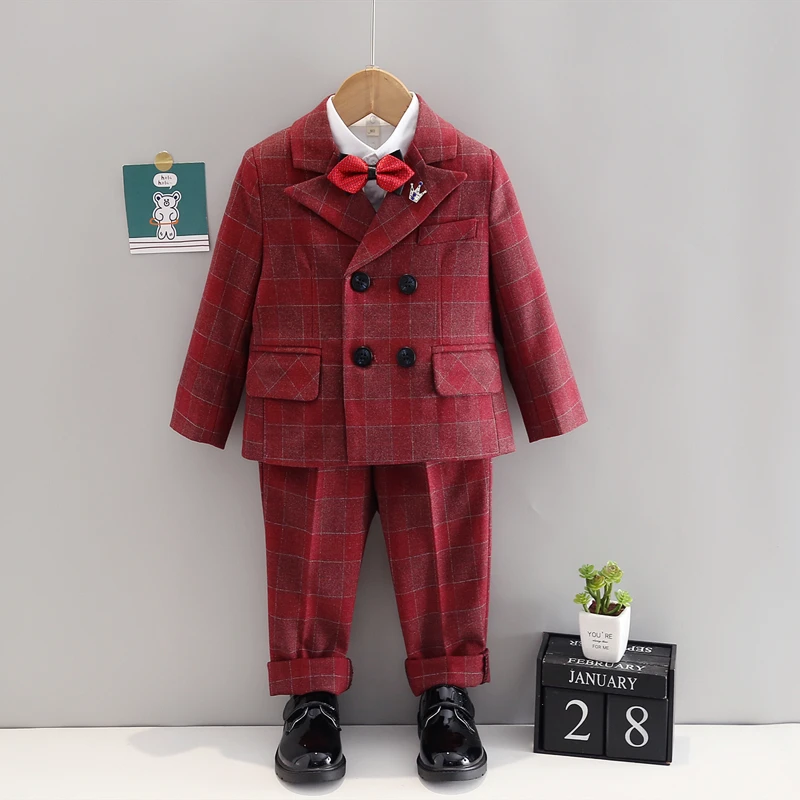 男童西装套装秋冬加绒款加厚西服宝宝周岁红色喜庆礼服儿童演出服