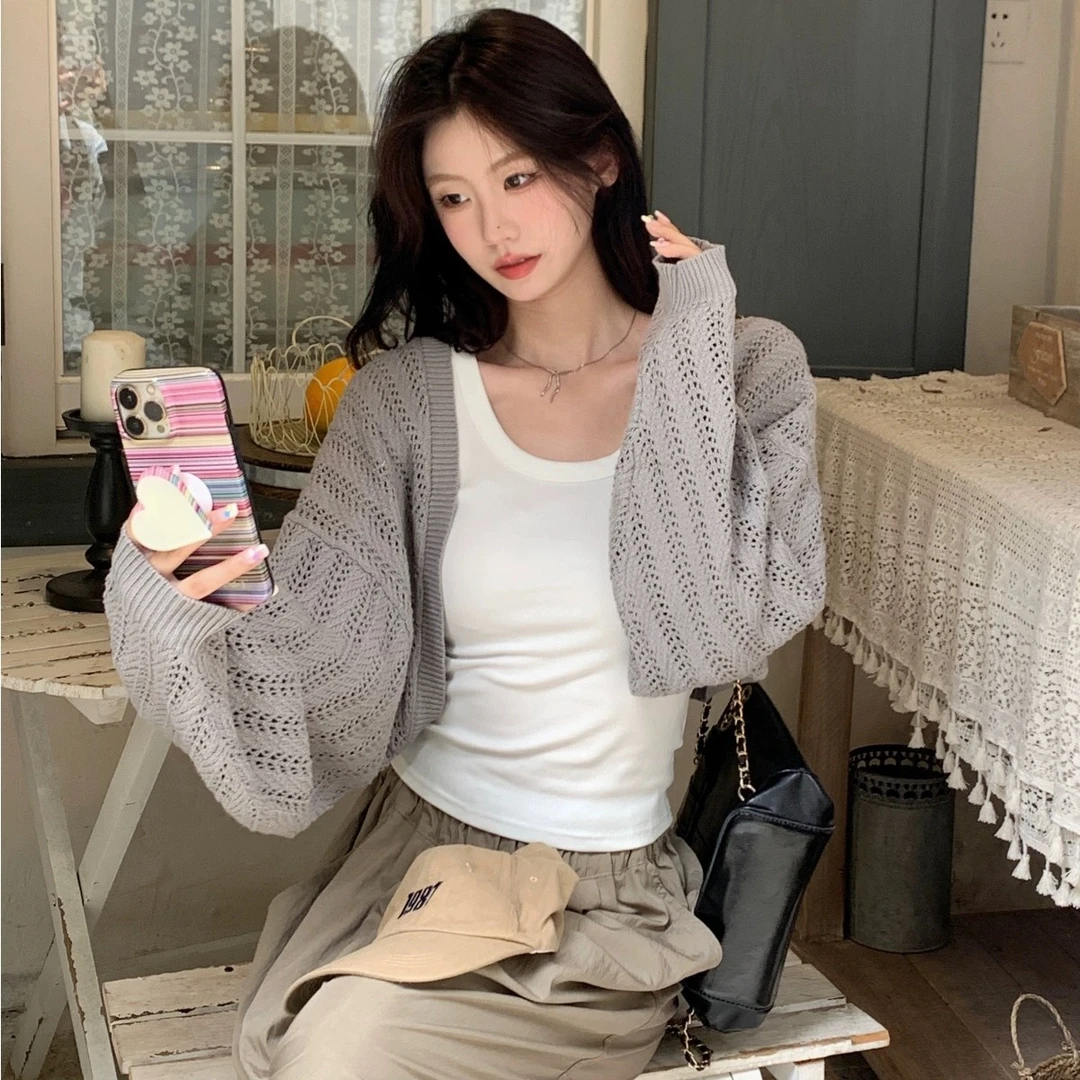 薄款灰色镂空针织罩衫女夏季宽松慵懒风蝙蝠袖防晒开衫披肩外套夏