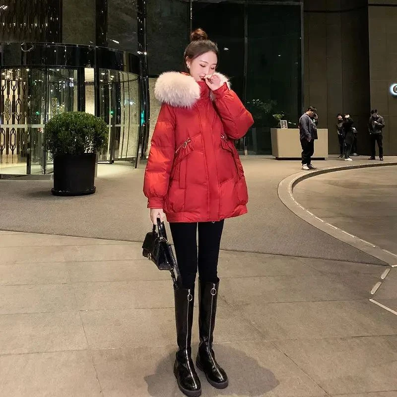 新款红色羽绒服女冬季中长款时尚棉衣洋气爆款宽松棉袄加厚韩版