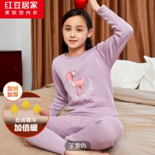 红豆【冬眠】加绒加厚圆领女童保暖内衣套装卡通印花学生TAN308冬季