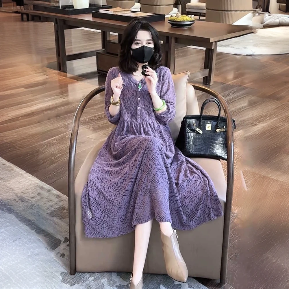 时尚洋气宽松紫色连衣裙2024秋季新款气质显瘦圆领设计感长袖长裙