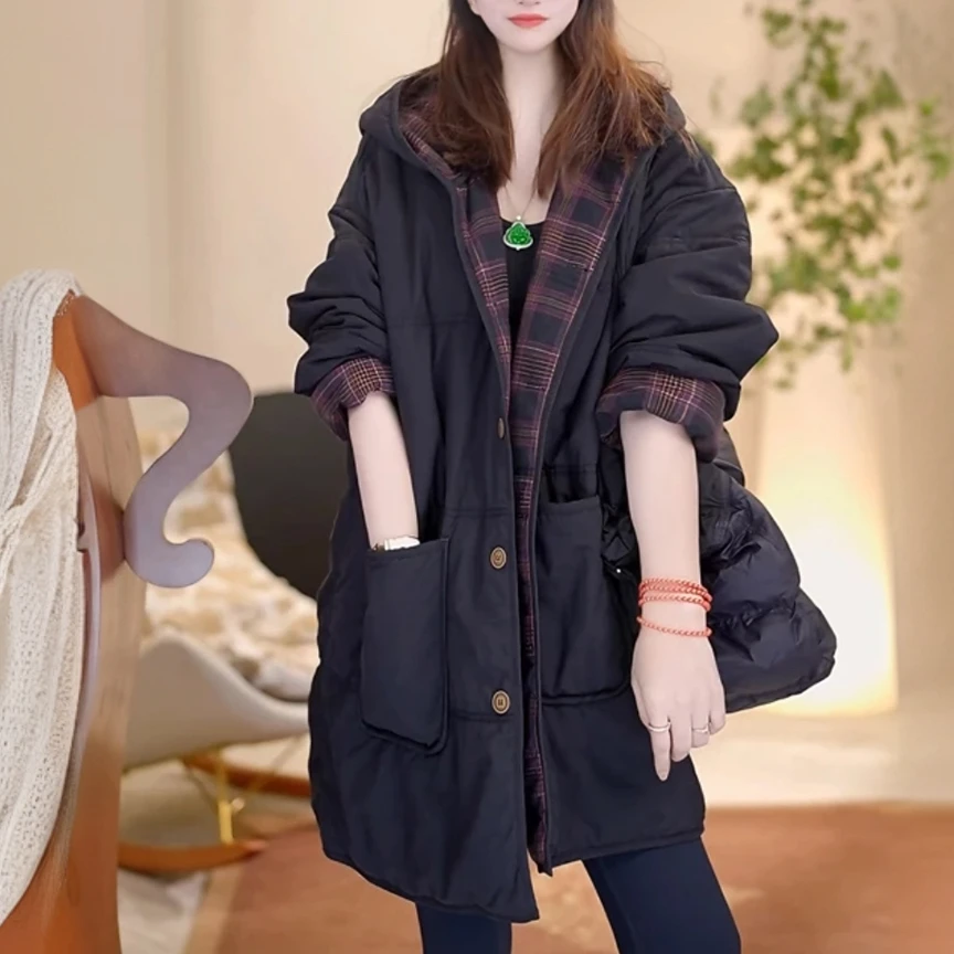 复古气质休闲宽松中长款夹棉时尚外套女秋冬派克服连帽棉服女冬季