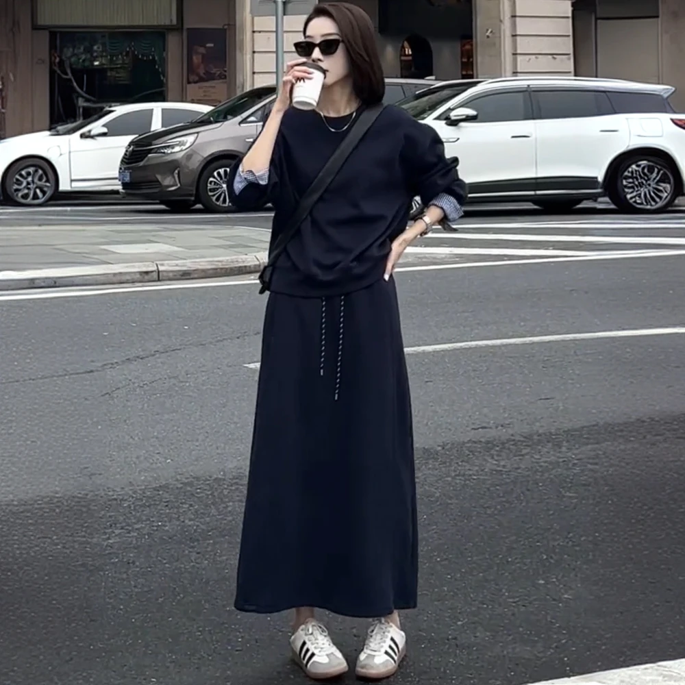早秋搭配一整套时尚套装裙慵懒风圆领卫衣高腰显瘦半身裙两件套女