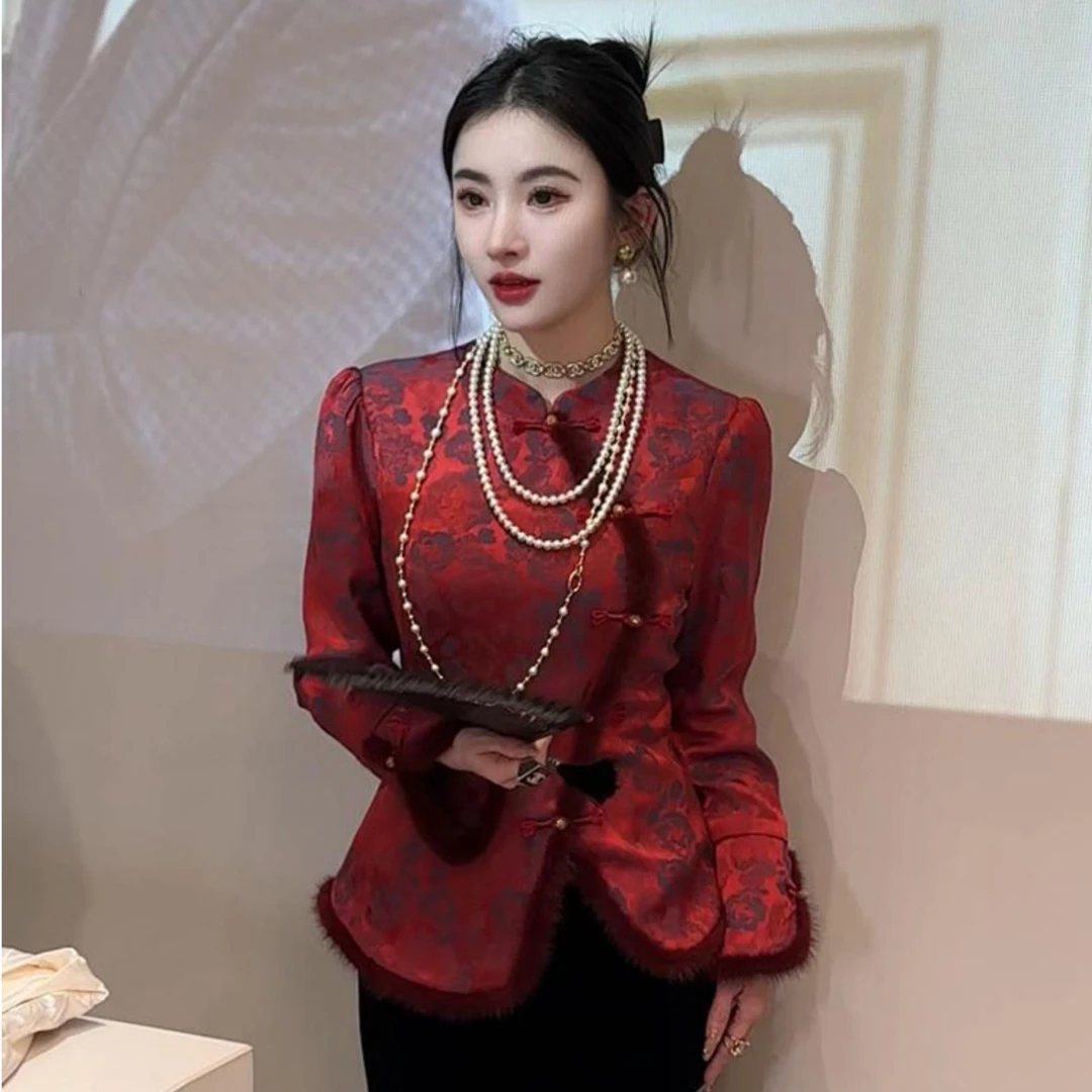 新中式国风女装2024新款冬装新年红色衬衫设计感漂亮时尚内搭上衣