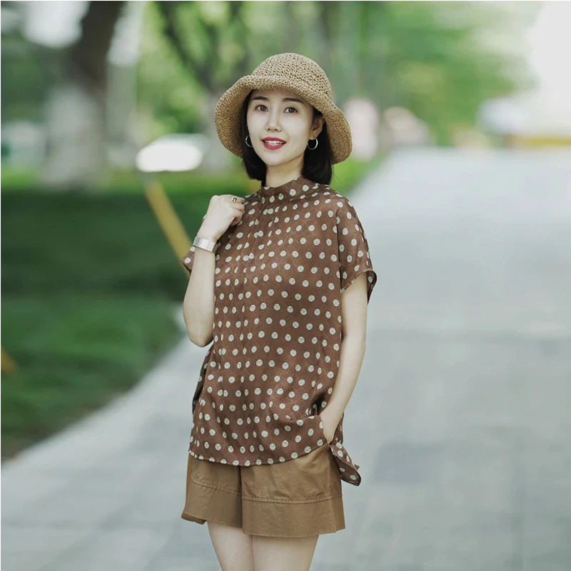 夏季新款波点常规时尚宽松短袖半高领上衣搭配时尚女装短裤女