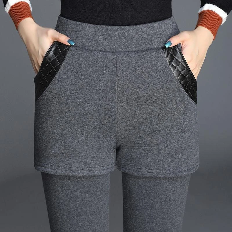 [不起球]纯棉加绒加厚假两件打底裤女外穿修身小脚裤高腰保暖棉裤