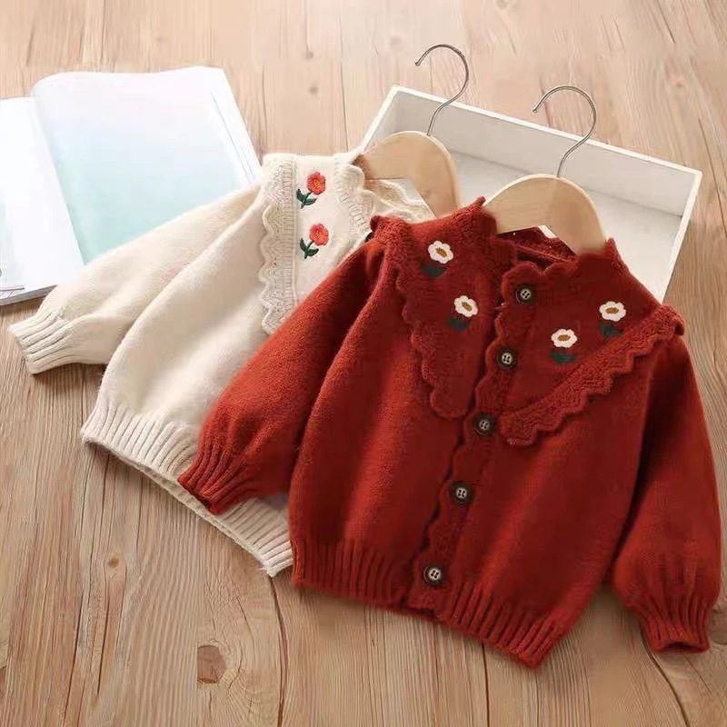 女童毛衣2024秋冬新款韩系女宝宝刺绣花朵洋气针织花边儿童开衫潮