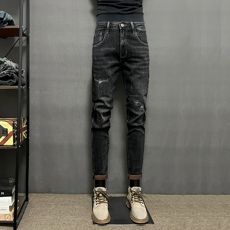 破洞牛仔裤男秋冬款2025新款修身小脚休闲弹力黑灰色男士裤子潮流
