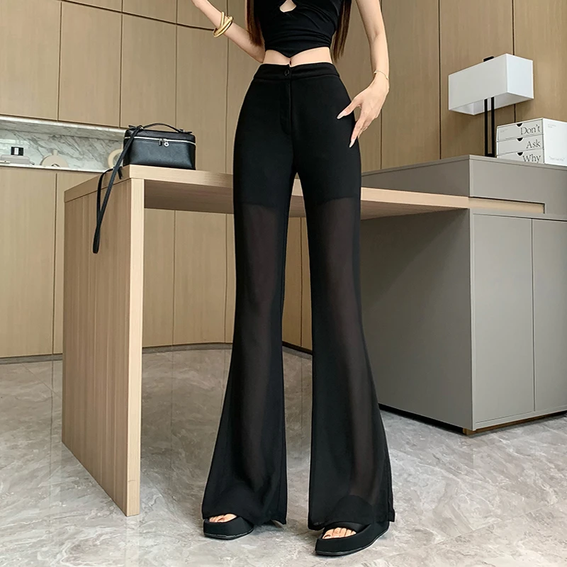 御姐黑色雪纺高腰修身微喇叭裤女夏季新款高级感法式轻奢风休闲裤