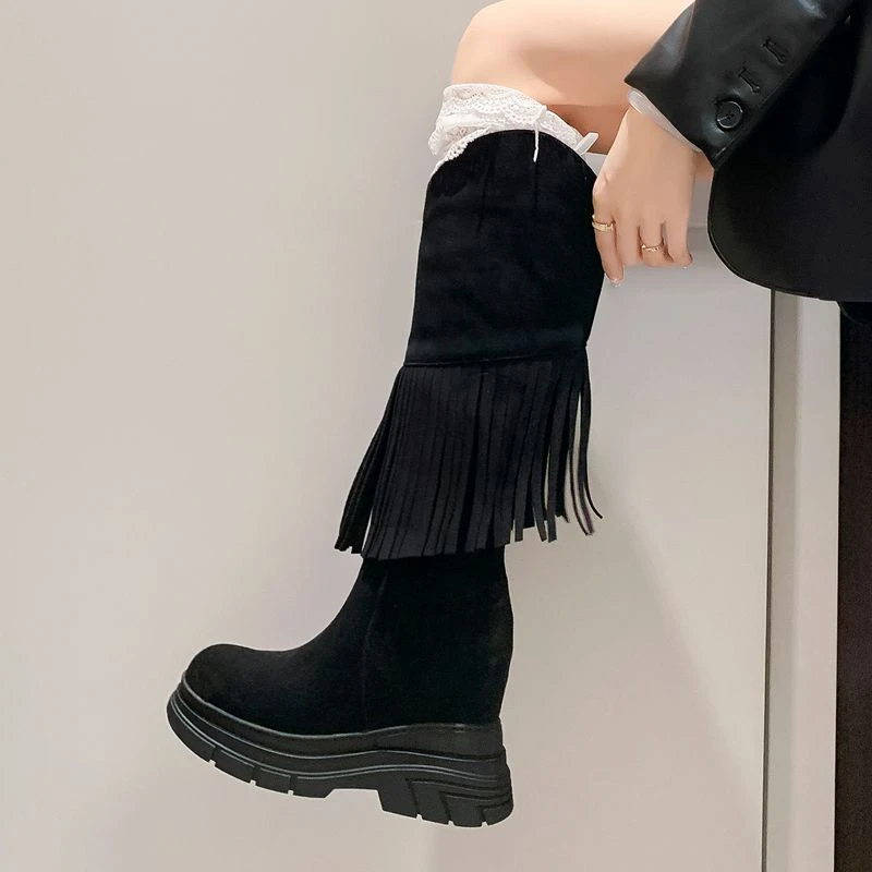 秋冬季磨砂真皮12cm厚底内增高长靴百搭显瘦高筒靴子坡跟流苏女靴