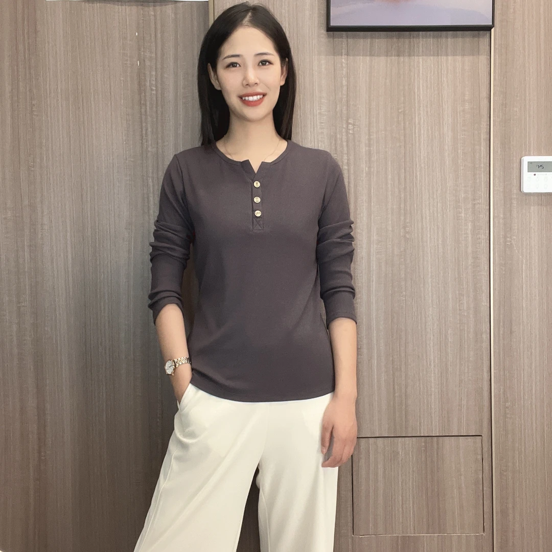 金六指秋季新款法式螺纹百搭设计师款显瘦时尚长袖女t恤休闲宽松