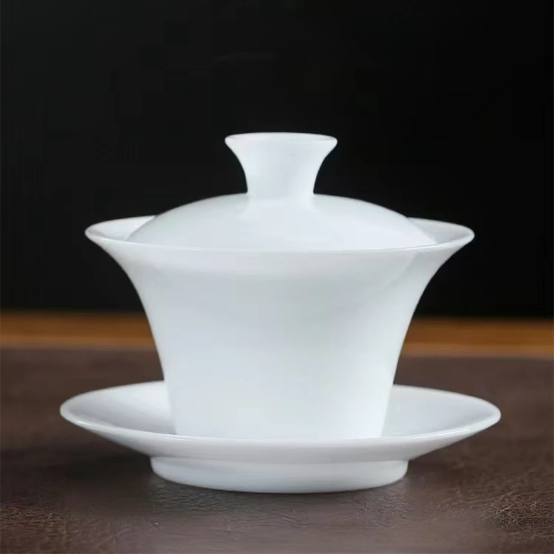 冰种玉瓷盖碗马蹄盖碗白瓷盖碗高端功夫茶具家用茶杯防烫泡茶碗