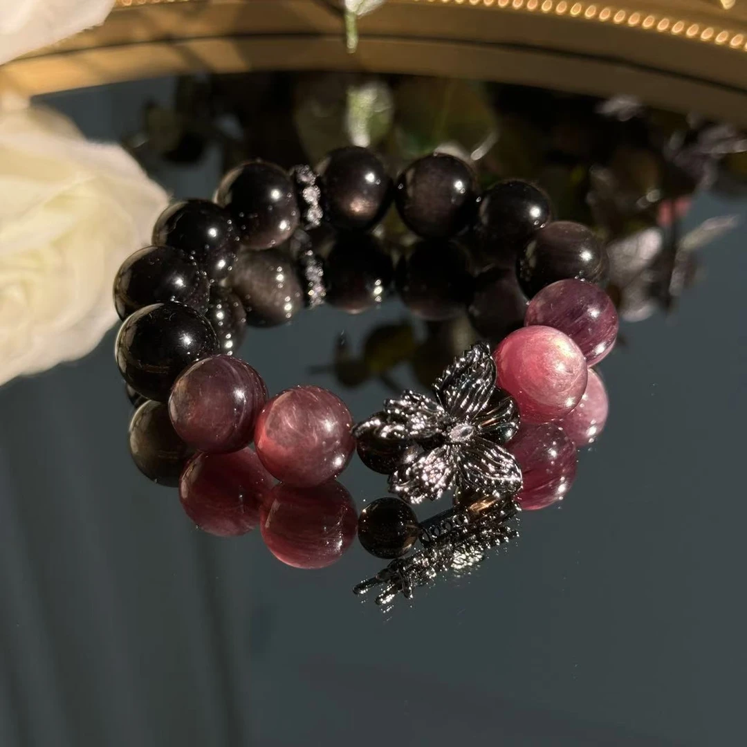 紫锂云母黑曜石茶水晶手串手链 颜色微差多样发一DD357