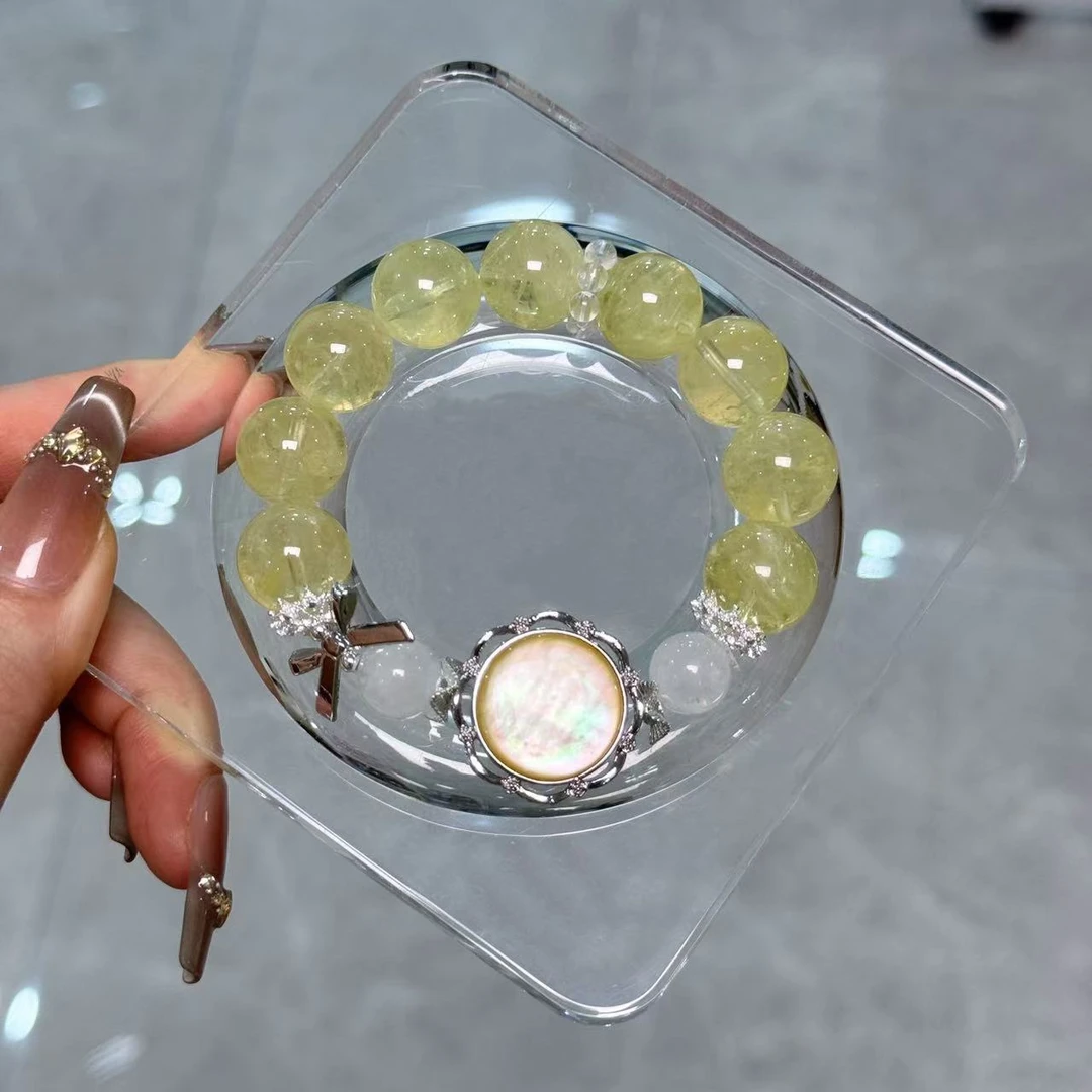 贝壳镶嵌柠檬黄水晶手串手链 均有瑕棉裂坑点多样性颜色微差DD210