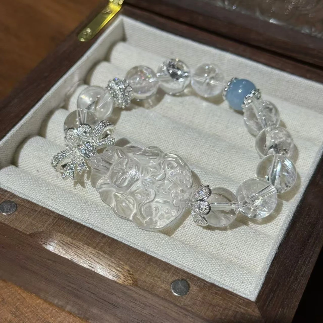 凤九狐牌雕刻白阿塞海蓝宝水晶手串手链DD267