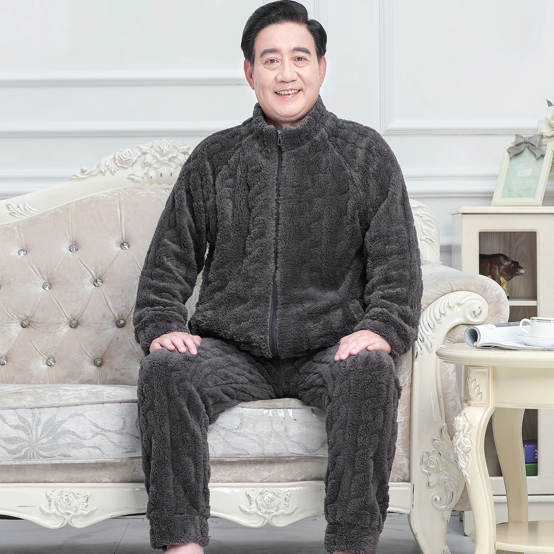 秋冬季珊瑚绒睡衣男老人法兰绒中老年睡衣男冬加厚爸爸居家服套装