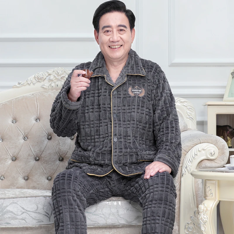 男士睡衣秋冬款加绒加厚法兰绒保暖中老年人爸爸珊瑚绒家居服套装