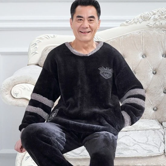 睡衣男士秋冬款法兰绒冬季中老年人爸爸珊瑚绒加绒加厚套装家居服