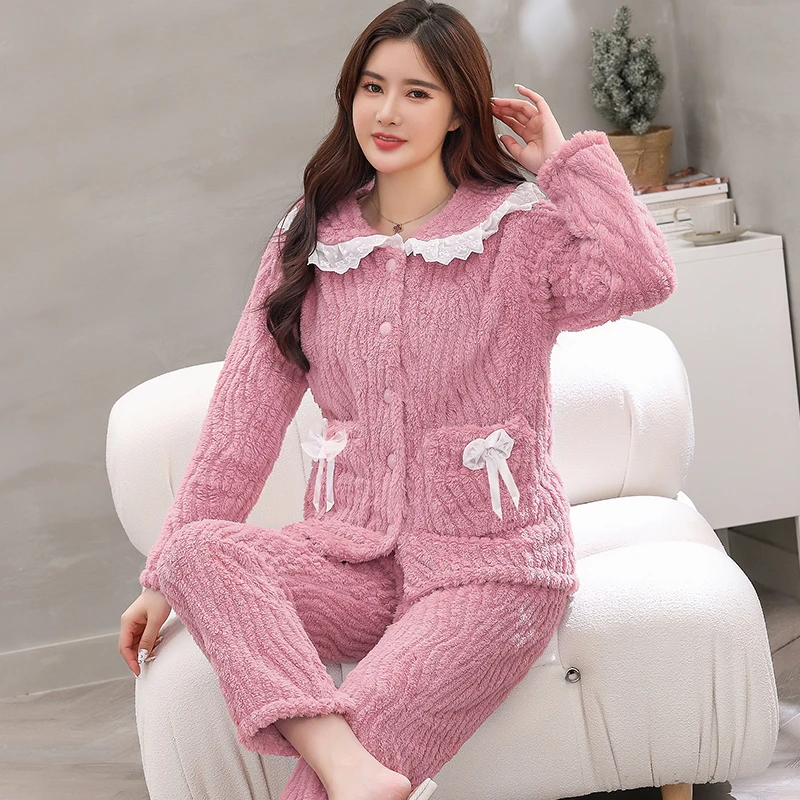 睡衣女冬季加厚珊瑚绒春秋开衫大码法兰绒家居服毛绒保暖秋冬套装