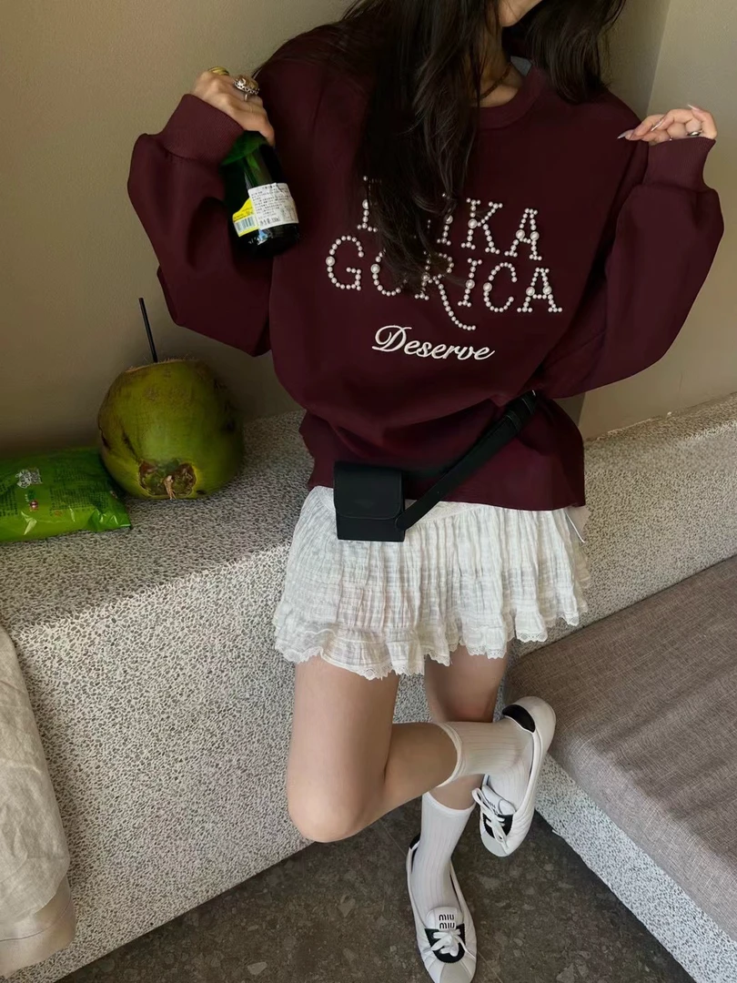 秋冬季新款百搭甜酷风铆钉珍珠字母休闲卫衣