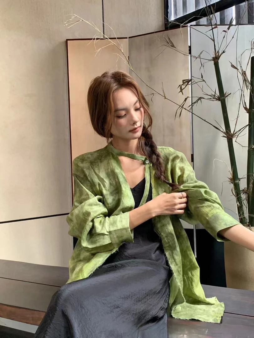 2024夏季款飘带扎染古复宽松长袖衬衫