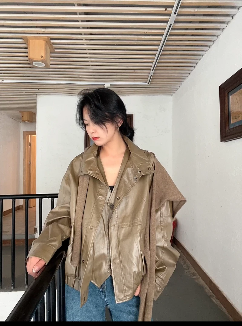 复古PU夹克外套女2024秋季新款韩版宽松翻领上衣
