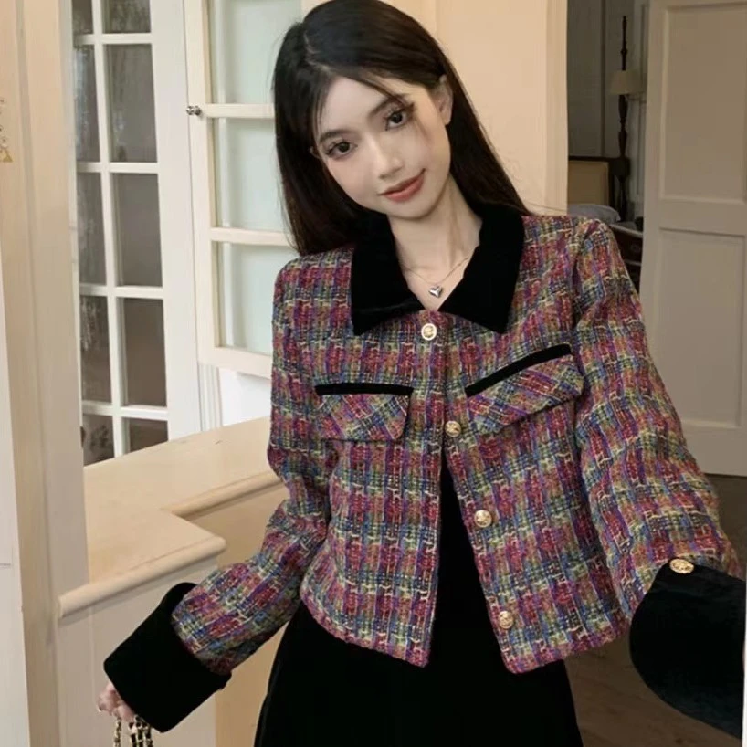 2023秋新款时尚编织撞色小香风长袖格纹百搭气质秋装洋气2310