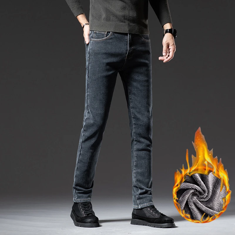 高端冬季爆款牛仔裤男加绒加厚直筒修身保暖弹力休闲长裤男士潮牌