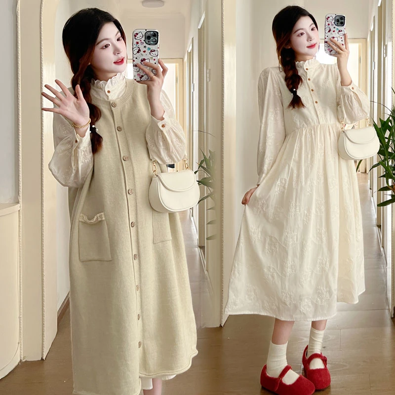 66家~秋冬新款韩版时尚宽松中长款刺绣连衣裙+孕妇毛衣长裙