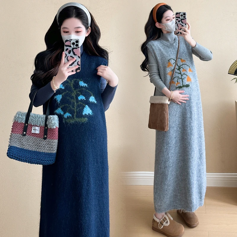 mimi~时尚孕妇装2024秋冬新款韩版刺绣毛衣背心裙木耳边打底套装