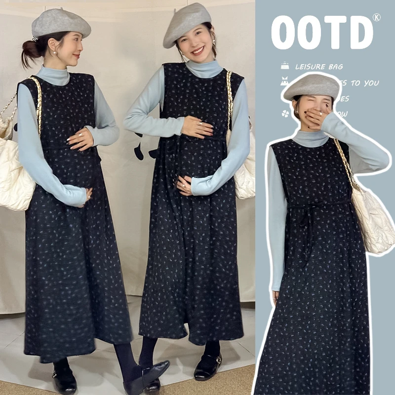 66家~大码孕妇装连衣裙秋冬宽松打底+碎花灯芯绒背心裙套装连衣裙