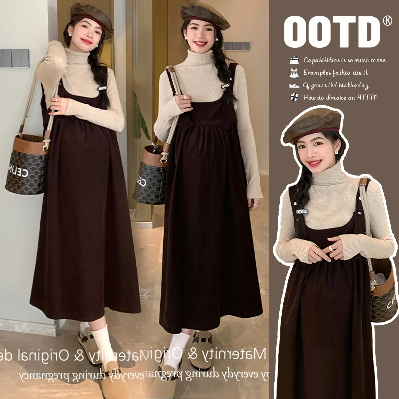 mimi~时尚孕妇装2024秋季复古文艺灯芯绒甜美孕妇背带裙+高级打底