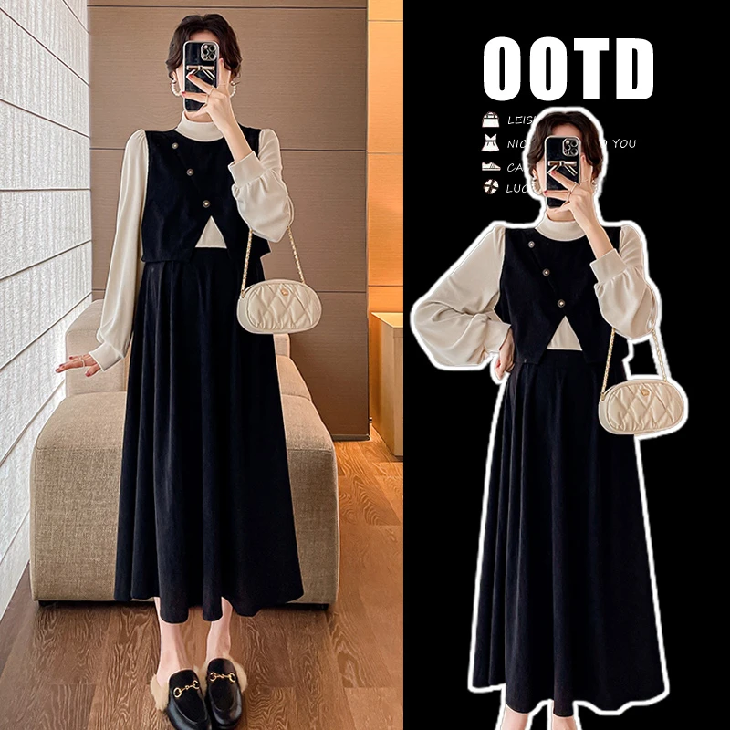 【66家】2024早秋新款孕妈版复古法式假两件遮肚显瘦中长款连衣裙