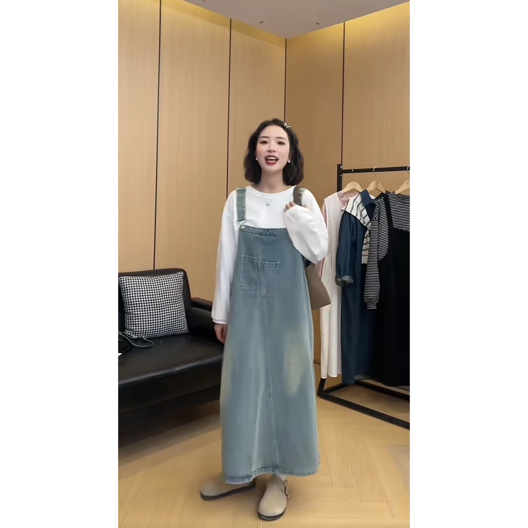 mimi~孕妇装韩版复古牛仔背带连衣裙2024减龄宽松气质吊带长裙子