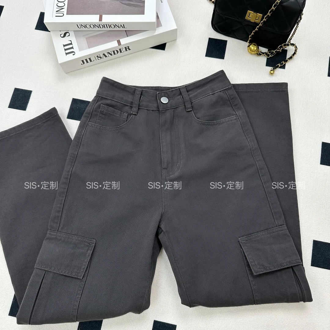 [思思专属]新款高腰显瘦牛仔工装裤时尚百搭