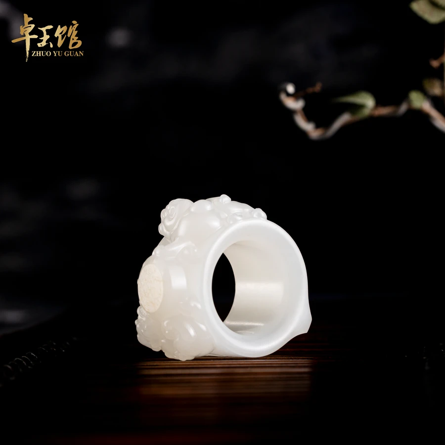 【卓玉馆】21mm扳指 和田洒金皮瑞兽手把件 李卓作品