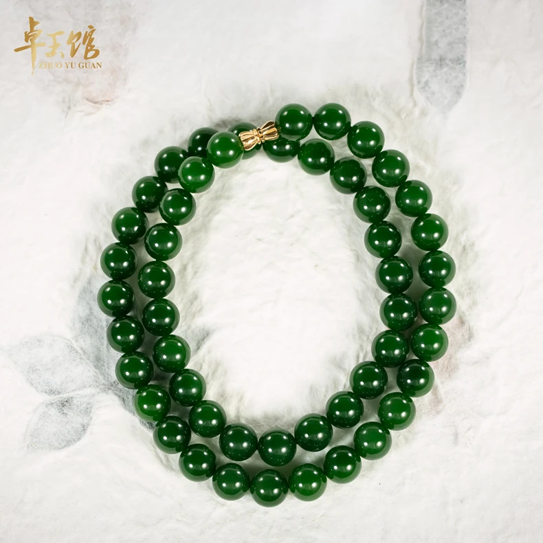 【卓玉馆】10mm妈妈链 和田玉 碧玉七号矿菠菜绿圆珠项链18K