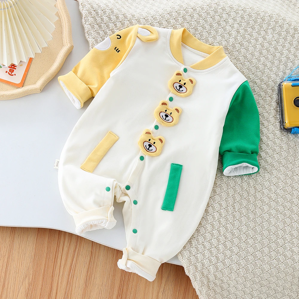 婴幼儿新款春秋新生儿男宝宝连体衣外出服纯棉双层渐变丁达尔风