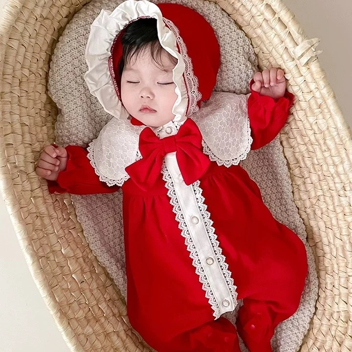 春装新款婴幼儿女宝宝公主红色百天周岁服连体衣哈衣长袖送帽子