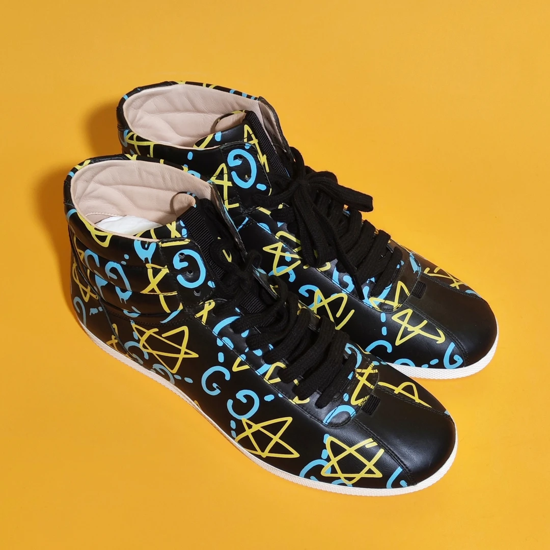 全新未使用 GUCCI/古驰 古驰高帮鞋靴条纹彩色编织时尚休闲男鞋