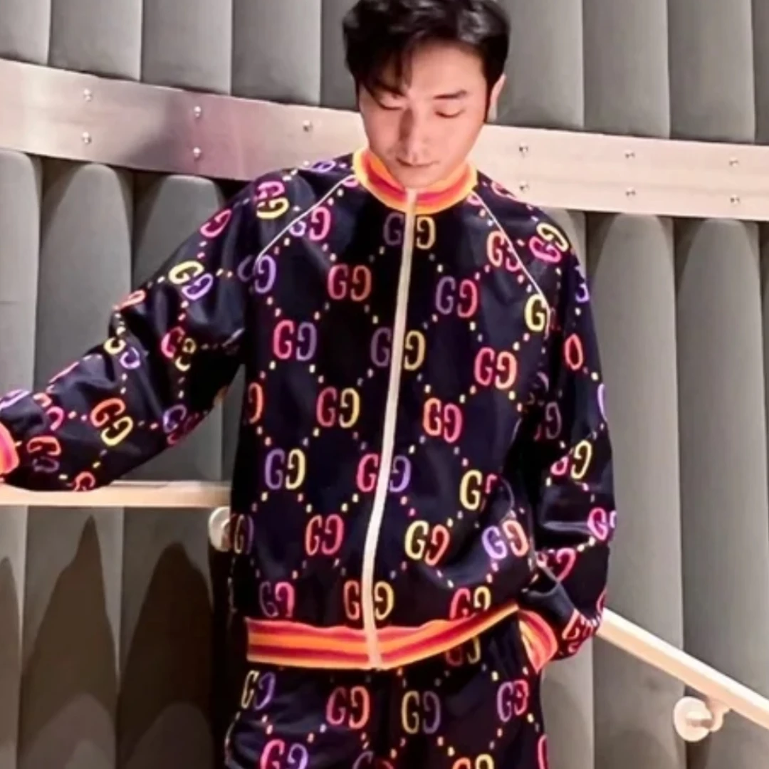 全新未使用 GUCCI/古驰 男士大logo满印彩色印花外套宽松休闲立领