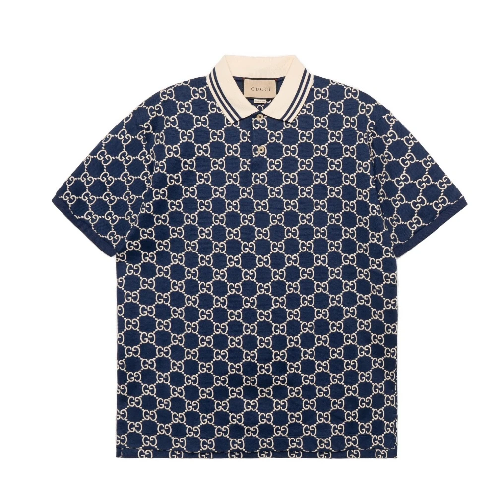 全新未使用 GUCCI/古驰 古驰Gucci 满印logo刺绣Polo衫蓝色（白领）