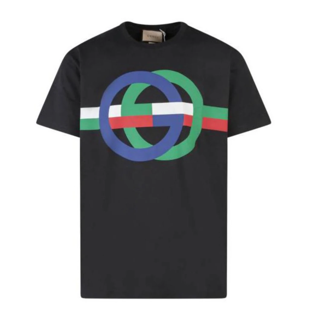 全新未使用 GUCCI/古驰 春夏黑色横条红蓝logo短袖T恤