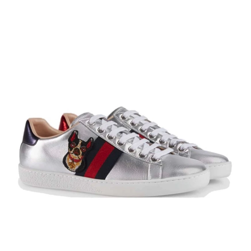 全新未使用 GUCCI/古驰 红尾小狗法斗休闲银色运动板鞋女士低帮