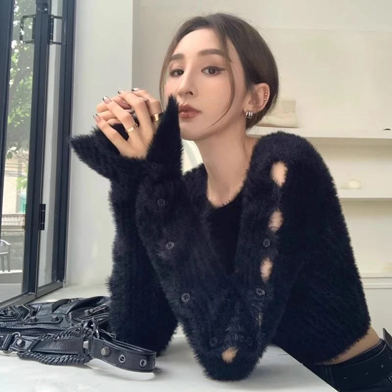 纯欲辣妹短款软糯毛绒设计感针织衫毛衣女秋冬季内搭打底上衣百搭