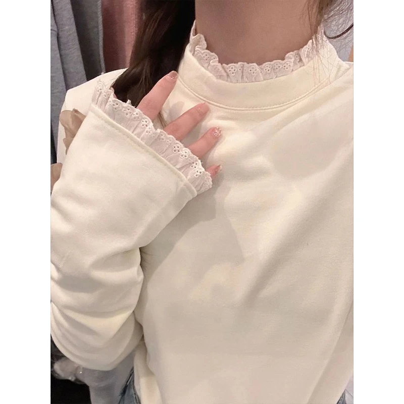 设计感半高领蕾丝花边长袖T恤女秋冬季2024新款内搭打底上衣百搭